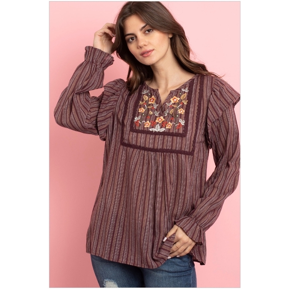 LLOVE Boho Chic Burgundy Striped Embroidered Top - Picture 3 of 9